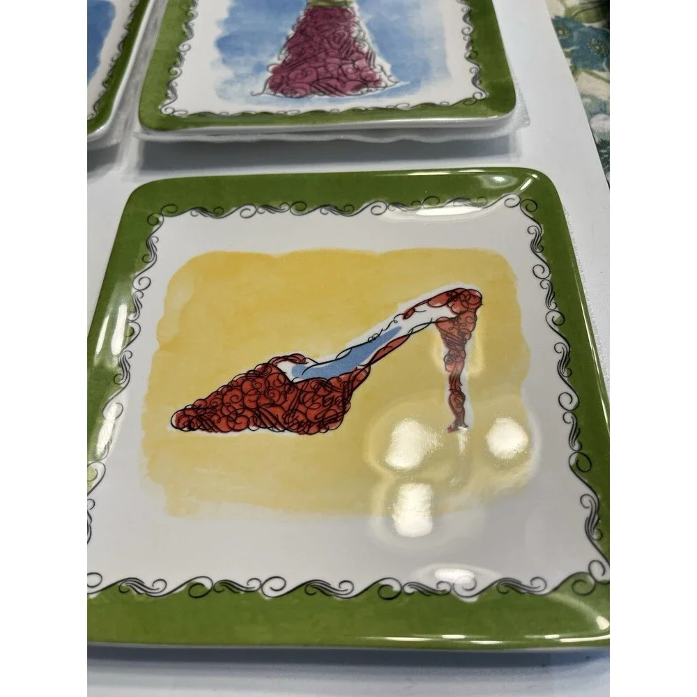 Pier 1 Square Appetizer 6” Plates Featuring Hats, Dress, Shoes & Purse 8pcs